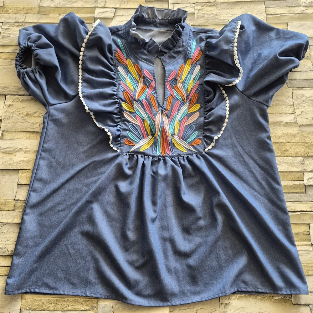 Fashion Blouse Size XL Denim Embroidered Boho Peasant Puff Sleeves Cottagecore - Picture 7 of 9